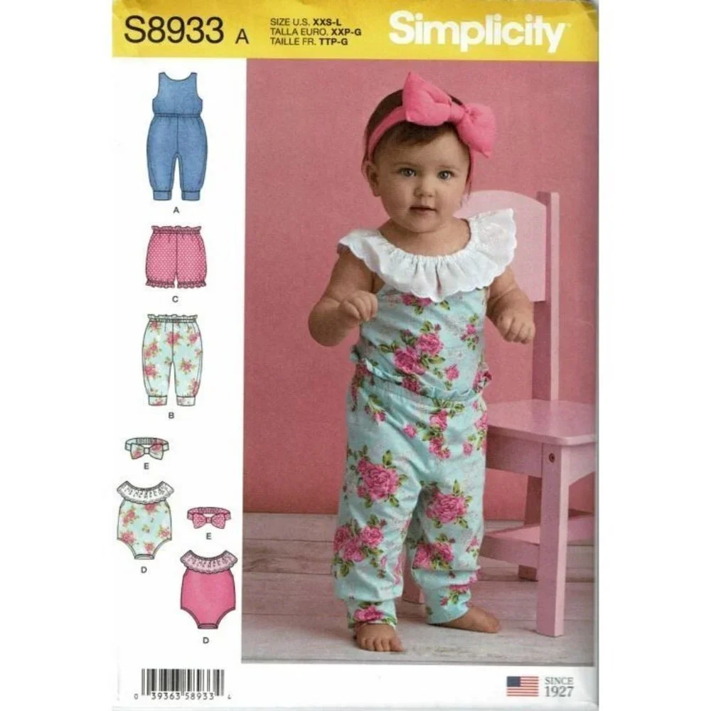 Simplicity Sewing Pattern 8933 Knit Rompers Pants Shorts Headband Babies